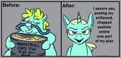 Size: 904x435 | Tagged: safe, artist:jargon scott, imported from derpibooru, whoa nelly, pony, unicorn, before and after, breathing tube, dialogue, female, food, horn, mare, nikocado avocado, oats, shaved head, solo, talking to viewer, vulgar, weight loss