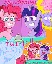 Size: 2162x2631 | Tagged: safe, artist:imsashawaybrightirl, imported from derpibooru, pinkie pie, twilight sparkle, alicorn, earth pony, pony, a trivial pursuit, chest fluff, cute, duo, duo female, eyes closed, female, floating heart, floppy ears, grin, heart, laughing, lesbian, mare, open mouth, open smile, shipping, smiling, twilight sparkle (alicorn), twinkie