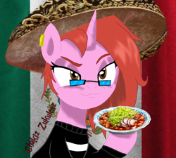 Size: 5000x4500 | Tagged: safe, artist:chakiz zukulenz, imported from derpibooru, oc, oc only, oc:chakiz zukulenz, pony, unicorn, brown eyes, clothes, ear piercing, food, glasses, hat, horn, mexican, mexican flag, mexican hat, mexico, piercing, pink pony, pozole, red hair, september, solo, sweater