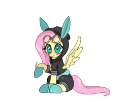 Size: 1675x1347 | Tagged: safe, artist:shagin_, imported from derpibooru, fluttershy, pegasus, pony, clothes, costume, cute, dangerous mission outfit, goggles, goggles on head, hoodie, looking at you, raised hoof, shyabetes, simple background, sitting, solo, spread wings, white background, wings