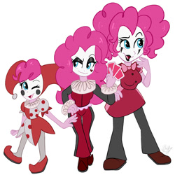 Size: 828x828 | Tagged: safe, artist:yoshiyoshi700, imported from derpibooru, pinkie pie, human, equestria girls, card, clown, female, jester, joker, simple background, solo, triality, white background