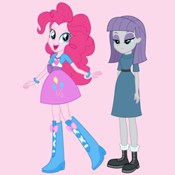 Size: 1080x1080 | Tagged: safe, alternate version, editor:josephpatrickbrennan, imported from derpibooru, maud pie, pinkie pie, human, equestria girls, clothes, duo, duo female, female, open mouth, open smile, pink background, siblings, simple background, sisters, smiling