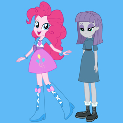 Size: 1080x1080 | Tagged: safe, alternate version, editor:josephpatrickbrennan, imported from derpibooru, maud pie, pinkie pie, human, equestria girls, blue background, clothes, duo, duo female, female, open mouth, open smile, siblings, simple background, sisters, smiling