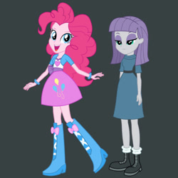 Size: 894x894 | Tagged: safe, alternate version, editor:josephpatrickbrennan, imported from derpibooru, maud pie, pinkie pie, human, equestria girls, dark gray background, duo, duo female, female, open mouth, open smile, siblings, simple background, sisters, smiling, solo