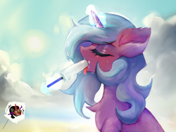 Size: 2048x1536 | Tagged: safe, artist:unclechai, idw, imported from derpibooru, king sombra, radiant hope, crystal pony, pony, unicorn, beach, cloud, eyes closed, female, food, hopebra, horn, ice cream, male, popsicle, shipping, sky, straight, suggestive eating, summer, sun