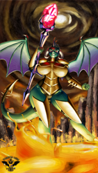 Size: 4320x7680 | Tagged: safe, alternate version, artist:tsaritsaluna, imported from derpibooru, princess ember, anthro, dragon, armor, bloodstone scepter, breasts, busty princess ember, clothes, dragoness, female, lava, lizard breasts, looking at you, solo, wings