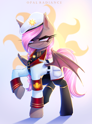 Size: 2229x3000 | Tagged: safe, artist:opal_radiance, imported from derpibooru, oc, oc only, oc:wintergleam, bat pony, commission, gradient background, solar empire, solar uniform, solo