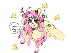 Size: 1911x1420 | Tagged: safe, artist:arxielle, artist:kiiremi, imported from derpibooru, fluttershy, pegasus, pony, buttercup, dialogue, female, flower, flower in hair, implied big macintosh, implied fluttermac, implied shipping, implied straight, looking at you, mare, simple background, smiling, smiling at you, solo, speech bubble, white background