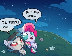 Size: 1998x1543 | Tagged: safe, artist:skysorbett, imported from derpibooru, oc, oc only, oc:sky sorbet, oc:smoky spectre, pegasus, pony, unicorn, chibi, cloud, dialogue, do u like stars?, duo, duo female, female, flower, grass, horn, lying down, meme, night, night sky, sky, speech bubble, stargazing, stars, wingding eyes