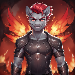 Size: 2400x2400 | Tagged: safe, imported from derpibooru, oc, oc only, oc:raven blood, anthro, pegasus, ai content, ai generated, armor, cave, fire, front view, generator:pony diffusion v6 xl, generator:stable diffusion, gray coat, hell, looking at you, prompter:infernum, red eyes, red mane, smiling, smirk