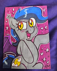 Size: 640x800 | Tagged: source needed, useless source url, safe, artist:marybellamy, imported from derpibooru, oc, oc:echo, bat pony, commission, markers, sketchcard, solo, traditional art