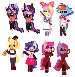 Size: 652x668 | Tagged: source needed, safe, artist:hoalyden, imported from derpibooru, applejack, fluttershy, pinkie pie, rainbow dash, rarity, twilight sparkle, earth pony, pegasus, pony, unicorn, alastor, alcohol, angel dust (hazbin hotel), bottle, charlie morningstar, clothes, cosplay, costume, devil horns, drink, hat, hazbin hotel, hellaverse, horn, horns, husk (hazbin hotel), mane six, mop, niffty, pinkamena diane pie, simple background, top hat, vaggie, white background