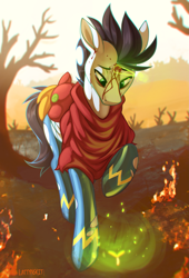 Size: 2035x3000 | Tagged: safe, artist:dripponi, artist:lattynskit, imported from derpibooru, big macintosh, soarin', burnt, clothes, crying, destruction, fanart, fire, outdoors, sad, teary eyes, uniform, wonderbolts, wonderbolts uniform