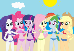 Size: 1023x702 | Tagged: safe, artist:jacob-van-antwerp, imported from derpibooru, applejack, fluttershy, pinkie pie, rainbow dash, rarity, sci-twi, twilight sparkle, human, equestria girls, base, base used, beach, bikini, clothes, humane five, humane six, mane six, swimsuit