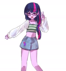 Size: 1709x1827 | Tagged: safe, artist:dusknebula, imported from derpibooru, twilight sparkle, human, equestria girls, belly, belly button, clothes, cute, denim, denim shorts, female, glasses, looking at you, midriff, open mouth, peace sign, shorts, simple background, smiling, solo, twiabetes, white background