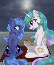 Size: 1200x1451 | Tagged: safe, artist:門久, imported from derpibooru, princess celestia, princess luna, alicorn, pony, cloud, duo, duo female, female, food, mid-autumn festival, moon, mooncake, s1 luna