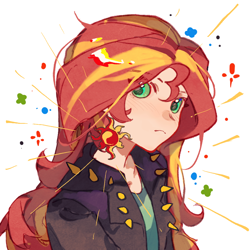 Size: 1000x1000 | Tagged: safe, artist:wumingshi61160, imported from derpibooru, sunset shimmer, human, equestria girls, anime style, bust, clothes, humanized, jacket, red hair, simple background, solo, sunset shimmer is not amused, two toned hair, unamused, white background, yellow hair