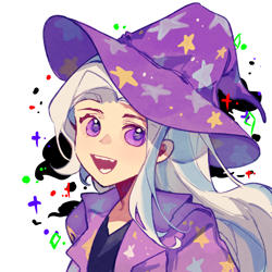 Size: 1000x1000 | Tagged: safe, artist:wumingshi61160, imported from derpibooru, trixie, human, anime style, bust, clothes, female, hat, humanized, open mouth, open smile, purple eyes, smiling, solo, sparkles, trixie's hat, white hair