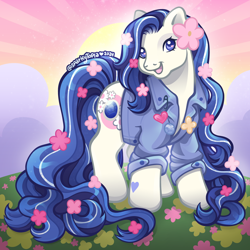 Size: 2400x2400 | Tagged: safe, artist:sparkytopia, imported from derpibooru, sweet september, earth pony, pony, blue eyes, blue mane, clothes, denim, denim jacket, female, flower, flower in hair, g3, jacket, jewel birthday ponies, mare, open mouth, open smile, outdoors, signature, smiling, solo, sunset, white coat