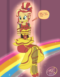 Size: 3500x4500 | Tagged: safe, imported from derpibooru, sunset shimmer, equestria girls, ballgag, bondage, bound and gagged, clothes, ear piercing, earring, equestria girls specials, flamenco dress, gag, high heels, jewelry, my little pony equestria girls: dance magic, pantyhose, piercing, rope, shoes, solo, speech bubble, sunset shimmer flamenco dress, tied up