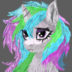 Size: 1761x1757 | Tagged: safe, artist:minecake, imported from derpibooru, oc, oc only, oc:cake sparkle, unicorn, bust, gray background, horn, impressionism, modern art, not celestia, portrait, simple background, solo