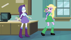 Size: 1280x720 | Tagged: safe, imported from derpibooru, screencap, rarity, spike, twilight sparkle, dog, human, equestria girls, backpack, belt, boots, bracelet, clothes, computer, disguise, indoors, jewelry, my little pony equestria girls, shirt, shoes, skirt, spike the dog, trio, twilight strong