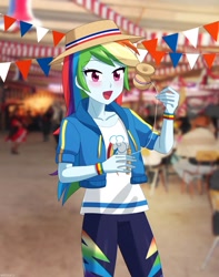 Size: 963x1225 | Tagged: safe, artist:riouku, imported from derpibooru, rainbow dash, human, equestria girls, 2d, blushing, chile, clothes, cutie mark, cutie mark on clothes, female, flag, irl, irl human, jacket, multicolored hair, open mouth, open smile, pants, photo, rainbow hair, ramadas, real life background, shirt, smiling, solo, thunderbolt, trompo, wristband