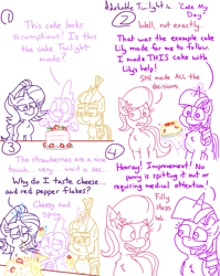 Size: 4779x6013 | Tagged: safe, artist:adorkabletwilightandfriends, imported from derpibooru, lily, lily valley, moondancer, spike, starlight glimmer, twilight sparkle, alicorn, comic:adorkable twilight and friends, adorkable, adorkable twilight, cake, cheek bulge, cheese, comic, concerned, cute, dork, eating, food, friendship, funny, happy, humor, kitchen, magic, melted, messy, messy eating, pepper, slice of life, smiling, strawberry, table, twilight sparkle (alicorn)