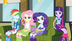 Size: 1280x720 | Tagged: safe, imported from derpibooru, screencap, fluttershy, rainbow dash, rarity, spike, twilight sparkle, dog, human, equestria girls, belt, boots, clothes, couch, drink, drinking, fluttershy in boots, fluttershy original clothes, fluttershy original outfit, food, group, milkshake, my little pony equestria girls, polka dot socks, quintet, rainbow dash in boots, rainbow dash original clothes, rainbow dash original outfit, rainbow socks, rarity in boots, rarity original clothes, rarity original outfit, shirt, shoes, skirt, socks, spike the dog, striped socks, tanktop, tea, twilight sparkle in boots, twilight sparkle original clothes, twilight sparkle original outfit