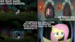 Size: 1280x720 | Tagged: safe, edit, edited screencap, editor:quoterific, imported from derpibooru, screencap, fluttershy, pegasus, pony, a bird in the hoof, season 1, dungeon, everfree forest, female, mare