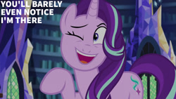 Size: 1280x720 | Tagged: safe, edit, edited screencap, editor:quoterific, imported from derpibooru, screencap, starlight glimmer, pony, unicorn, equestria girls, equestria girls specials, female, horn, mare, my little pony equestria girls: mirror magic, one eye closed, solo, wink