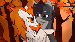 Size: 3840x2160 | Tagged: safe, artist:dany, imported from derpibooru, oc, oc only, pegasus, pony, autumn, bubble, cyrillic, duo, duo male and female, female, forest, forest background, happy, male, nature, pegasus oc, pegasus wings, romantic, russian, tree, wings