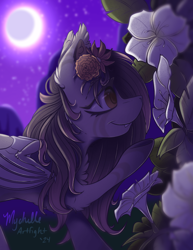 Size: 900x1165 | Tagged: safe, artist:mychelle, imported from derpibooru, oc, oc:phantom petals, bat pony, pony, female, flower, flower in hair, mare, moon, night, solo