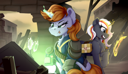 Size: 4850x2820 | Tagged: safe, artist:singovih, imported from derpibooru, oc, oc only, oc:littlepip, oc:velvet remedy, pony, unicorn, fallout equestria, armor, bag, clothes, female, frown, horn, jumpsuit, lockpicking, magic, mare, medical saddlebag, pipbuck, ruins, sky, telekinesis, vault suit, wasteland