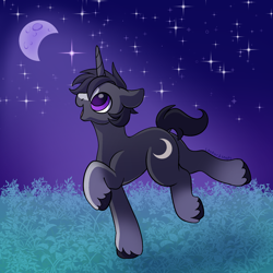 Size: 2000x2000 | Tagged: safe, artist:leopardsnaps, imported from derpibooru, oc, oc only, oc:crystal nightshine, pony, unicorn, :d, blaze (coat marking), coat markings, crescent moon, facial markings, gradient legs, grass, horn, looking at something, male, moon, open mouth, open smile, raised hoof, running, smiling, solo, stallion, stars, unicorn oc, unshorn fetlocks