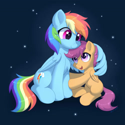 Size: 3800x3800 | Tagged: safe, artist:mercurysparkle, imported from derpibooru, rainbow dash, scootaloo, pegasus, chest fluff, duo, female, filly, foal, hug, mare, scootalove, signature, smiling, starry background, winghug, wings