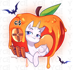 Size: 1910x1828 | Tagged: safe, imported from derpibooru, oc, bat, pony, adoptable, apple, art, base, character, commission, food, halloween, holiday, pumpkin, smiling, smirk, solo, your character here