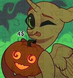 Size: 2304x2436 | Tagged: safe, imported from derpibooru, oc, pony, adoptable, art, base, character, commission, green background, halloween, holiday, pumpkin, simple background, smiling, smirk, solo, tongue out, your character here