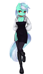 Size: 811x1391 | Tagged: safe, alternate version, artist:flea, imported from derpibooru, lyra heartstrings, anthro, unguligrade anthro, unicorn, boots, clothes, commission, dress, female, garter belt, high heel boots, horn, long socks, mare, shirt, shoes, signature, simple background, skirt, socks, solo, stockings, thigh highs, white background, ych example, your character here