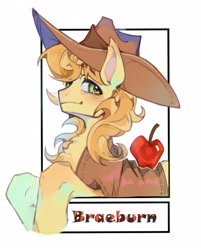 Size: 2295x2858 | Tagged: safe, artist:t4cdd, imported from derpibooru, braeburn, earth pony, pony, apple, blushing, chest fluff, clothes, cowboy hat, food, frame, hat, jacket, looking at you, male, simple background, solo, stallion, text, white background