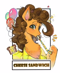 Size: 2295x2858 | Tagged: safe, artist:t4cdd, imported from derpibooru, cheese sandwich, earth pony, pony, balloon, bust, chest fluff, emanata, frame, looking at you, male, party horn, simple background, solo, stallion, text, white background