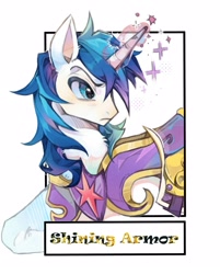 Size: 2295x2858 | Tagged: safe, artist:t4cdd, imported from derpibooru, shining armor, pony, unicorn, armor, frame, glowing, glowing horn, horn, male, simple background, solo, sparkles, stallion, white background