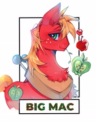 Size: 2339x2946 | Tagged: safe, artist:t4cdd, imported from derpibooru, big macintosh, earth pony, pony, apple, food, frame, looking at you, male, simple background, smiling, solo, stallion, straw in mouth, white background, yoke