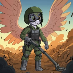 Size: 1024x1024 | Tagged: safe, imported from derpibooru, derpy hooves, anthro, pegasus, plantigrade anthro, ai content, ai generated, body armor, clothes, cosplay, costume, female, g.i. joe, generator:google imagen 3.0, helmet, metal detector, military uniform, minefield, minesweeper, prompter:zerowinger, smiling, solo, spread wings, tripwire, uniform, wings