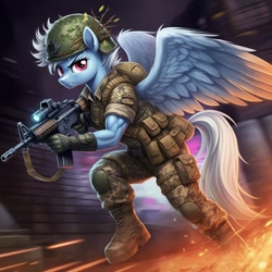 Size: 1024x1024 | Tagged: safe, imported from derpibooru, fleetfoot, anthro, pegasus, plantigrade anthro, ai content, ai generated, assault rifle, clothes, cosplay, costume, fatigues, female, fleetflex, footloose (gi joe), g.i. joe, generator:google imagen 3.0, gun, helmet, military uniform, muscles, muscular female, prompter:zerowinger, rifle, running, soldier, solo, spread wings, uniform, weapon, wings