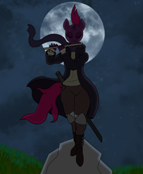 Size: 2300x2800 | Tagged: safe, artist:anix_space, imported from derpibooru, tempest shadow, anthro, unicorn, clothes, detailed background, flute, horn, moon, musical instrument, night, scarf, sky, solo, standing, sword, weapon