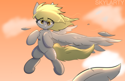 Size: 4472x2894 | Tagged: safe, artist:skylarty, imported from derpibooru, derpy hooves, feather, flying, sky, spread wings, wind, wings