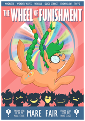 Size: 3000x4242 | Tagged: safe, artist:moonatik, imported from derpibooru, oc, oc only, oc:morning mimosa, earth pony, earth pony oc, female, glasses, mare, mare fair, poster, promotional art, sillhouette, wheel