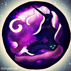 Size: 1024x1024 | Tagged: safe, artist:asinglepetal, imported from derpibooru, nightmare rarity, pony, unicorn, ethereal hair, eyeshadow, female, horn, ipad, makeup, mare, moon, nightmarified, procreate app, sleeping, solo, space, stars, trepled, tumblr:a rarity of a nightmare, tumblr:ask nightmare rarity, void, watermark, wavy hair, white stripe, white stripes