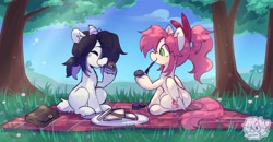 Size: 2048x1069 | Tagged: safe, artist:cuiicie, imported from derpibooru, oc, oc:elon, oc:strawberry splash, goat, pegasus, pet rock, picnic